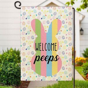 Easter Bunny Welcome Peeps Garden Flag Double Sided Burlap 12x18 Yard Decoration